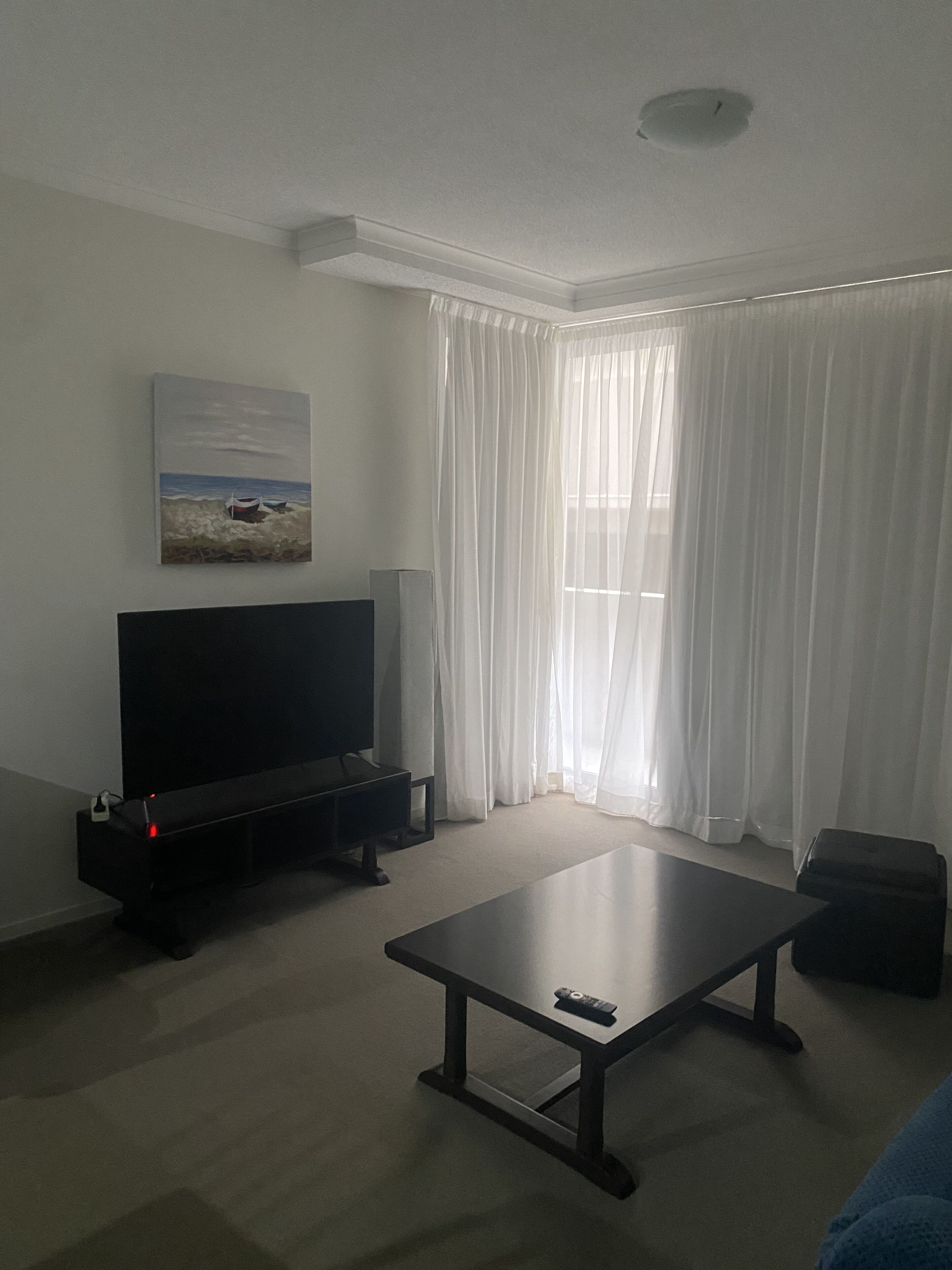 A living room with a flat-screen TV, a painting, a large window with sheer curtains, a coffee table, and a sofa.