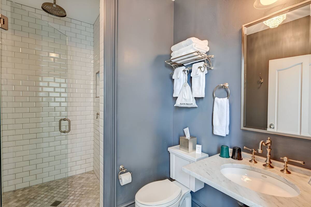 free toiletries, hair dryer, towels, soap