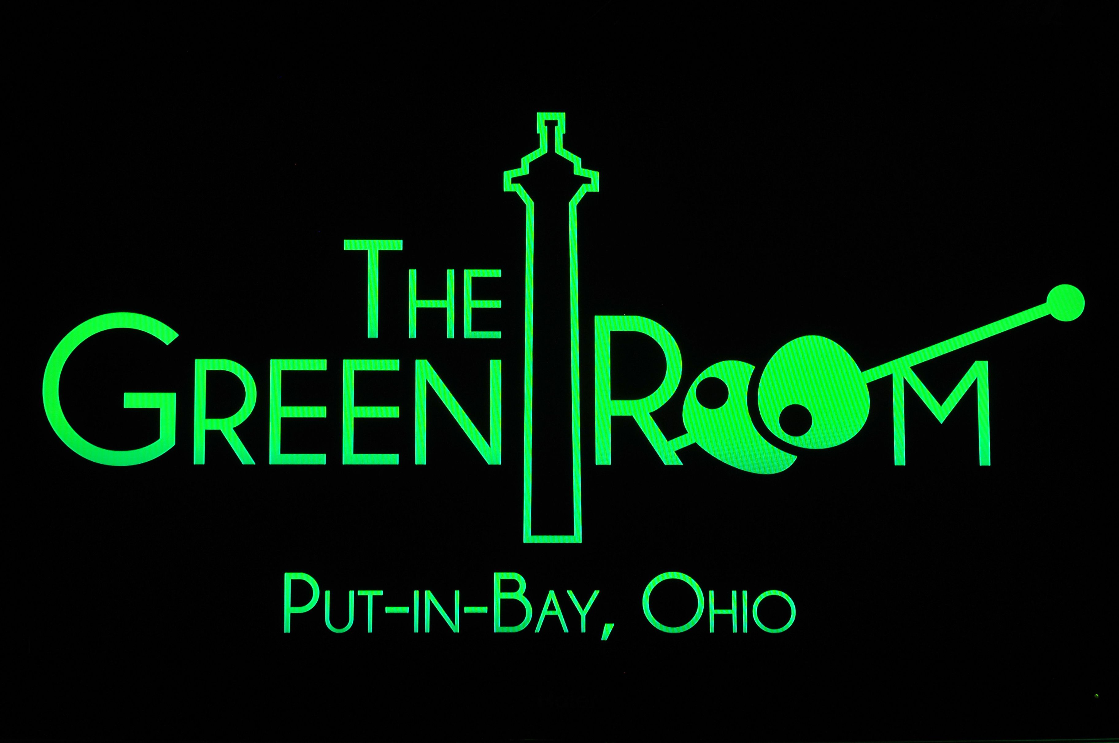 Un logotipo con el texto 'The Green Room' y 'Put-in-Bay, Ohio'.
