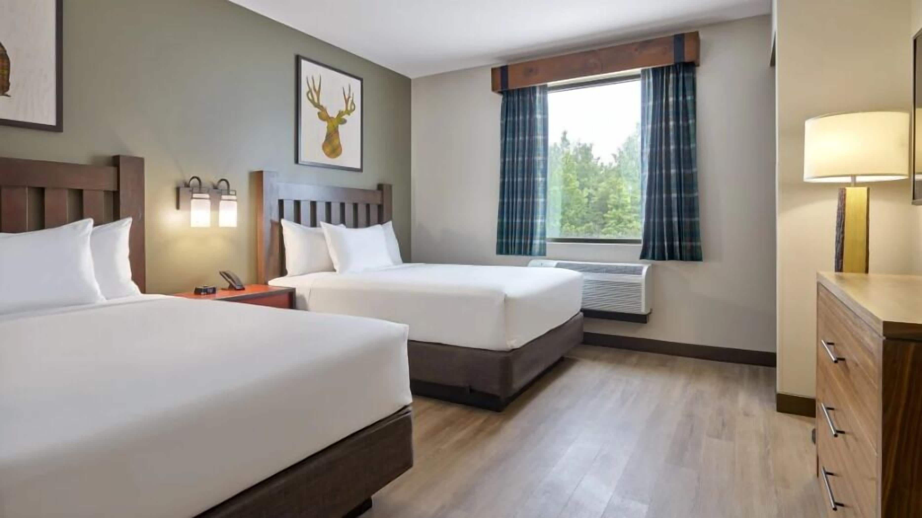 A hotel room with two beds, a nightstand, a lamp, a window with curtains, and a deer artwork on the wall.