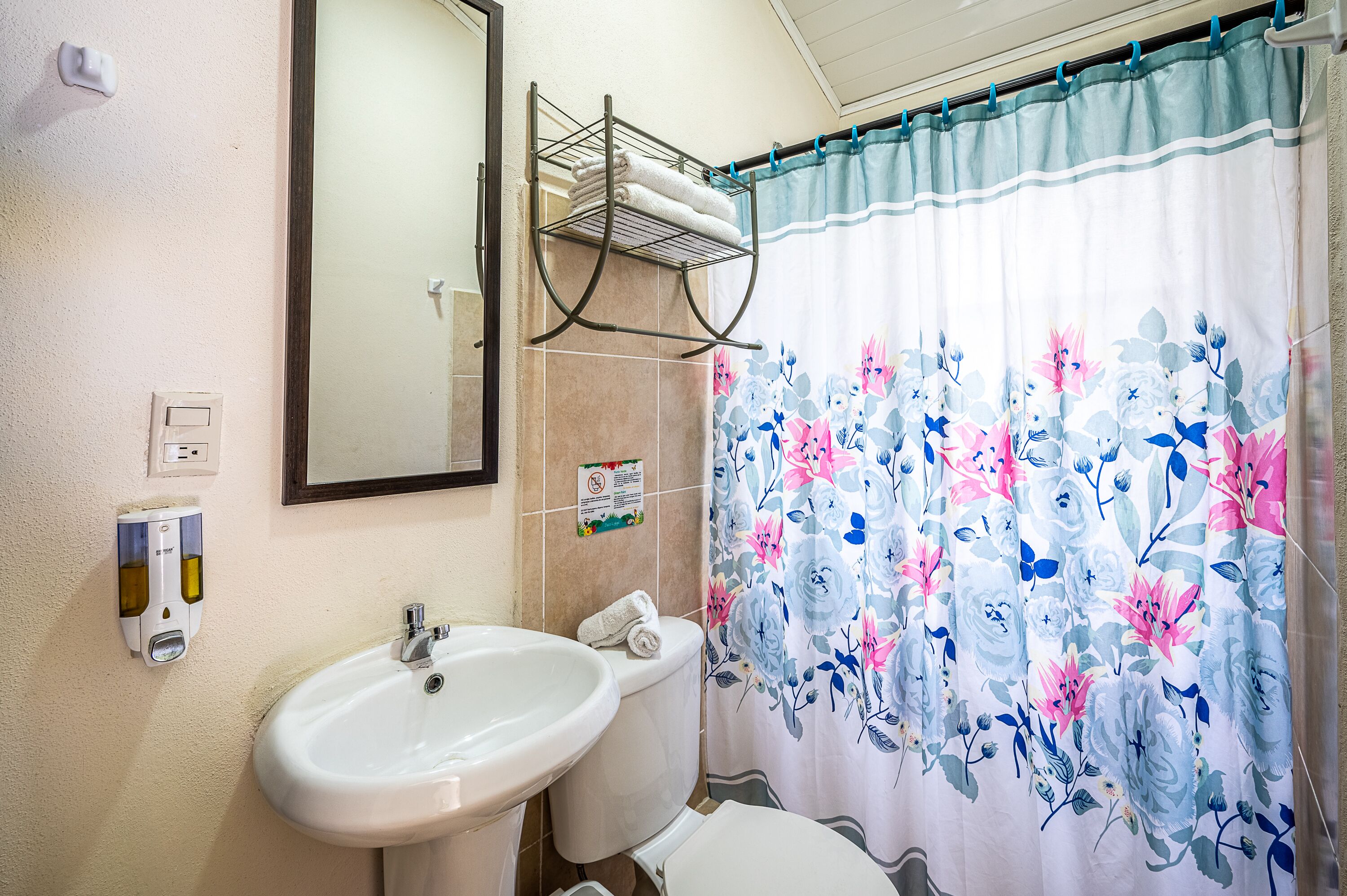 A bathroom with a sink, toilet, and a shower curtain with floral patterns.