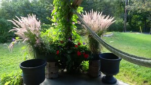 A garden with a hammock, potted plants, and a concrete structure.
