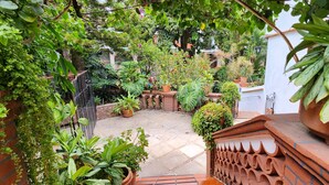 Un jardín exuberante con diversas macetas y un camino de ladrillo.