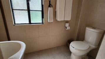 Casa de banho com sanita, uma pequena janela, porta-toalhas e suporte para papel higiénico.