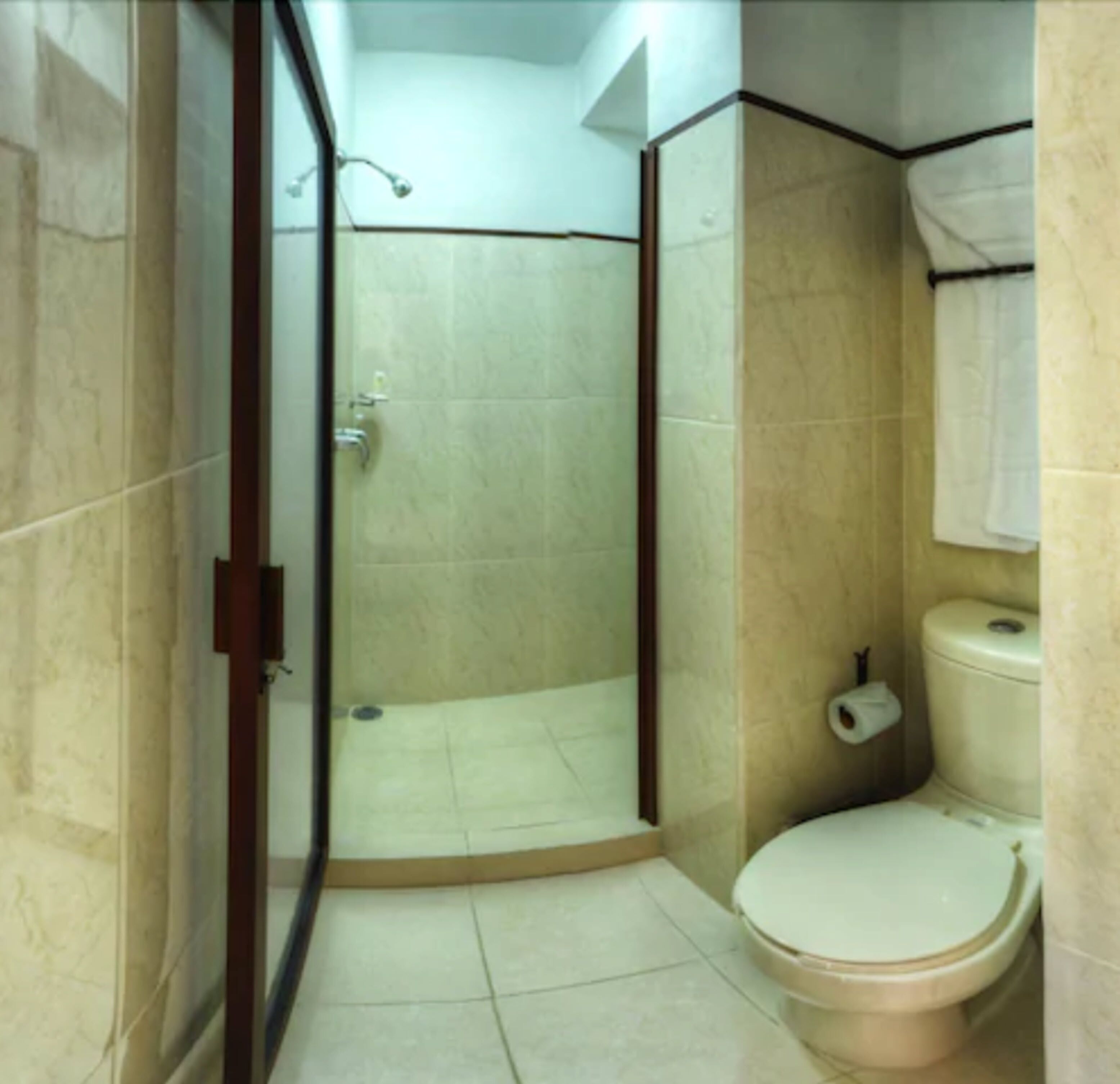 A bathroom with a shower, toilet, and a towel hanging on the wall.