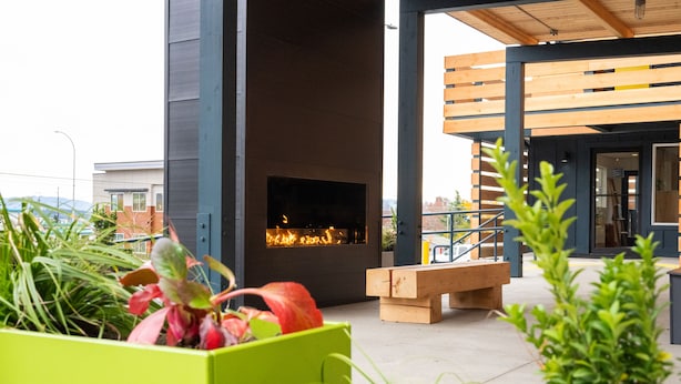 A modern outdoor seating area with a built-in fireplace, surrounded by greenery and wooden structures.