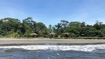 A beach with thatched-roof huts, dense tropical foliage, and a sandy shoreline.