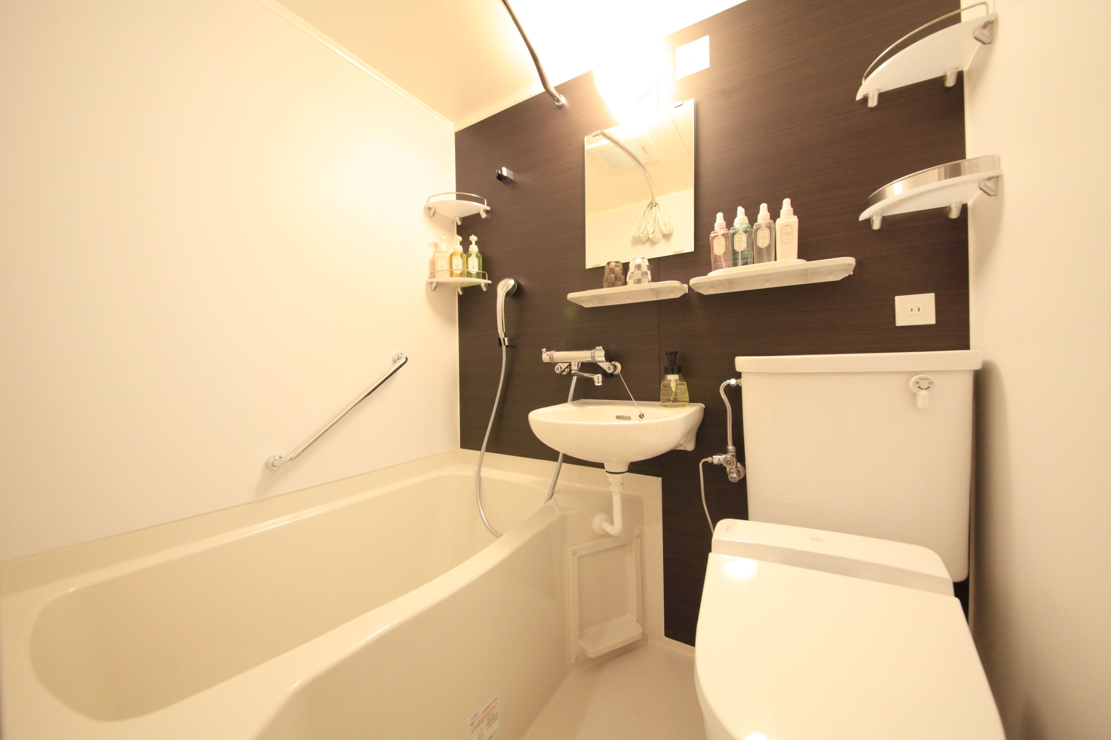 combined shower/bathtub, free toiletries, hair dryer, slippers