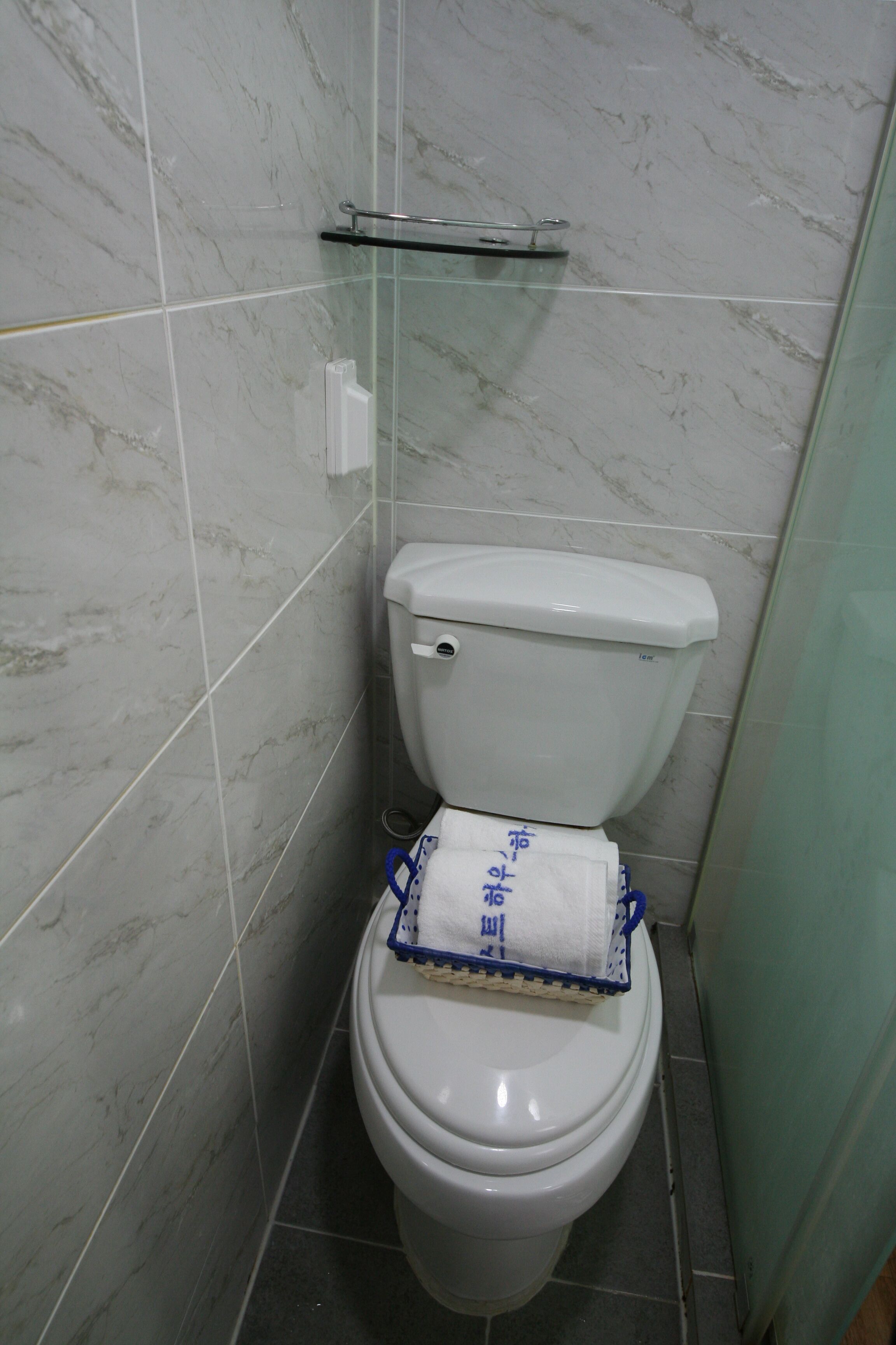 A bathroom with a toilet, a glass shelf above it, and marble walls.