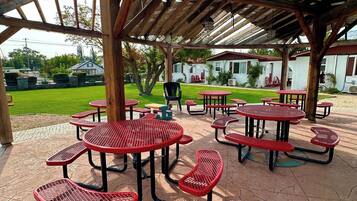 An outdoor covered picnic area with tables and benches.