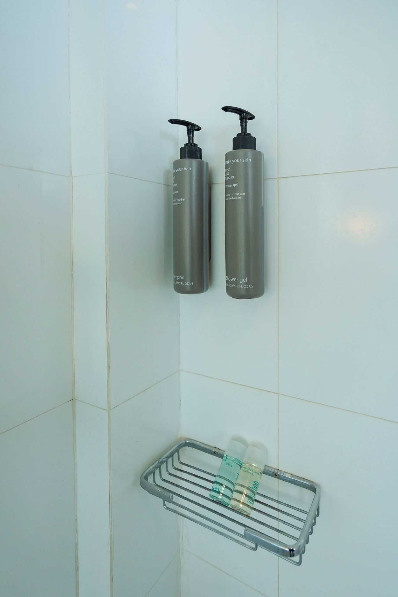 Une salle de bain avec deux bouteilles de shampoing et d’après-shampoing, un porte-savon pour la douche contenant des bouteilles, et un étagère en métal.