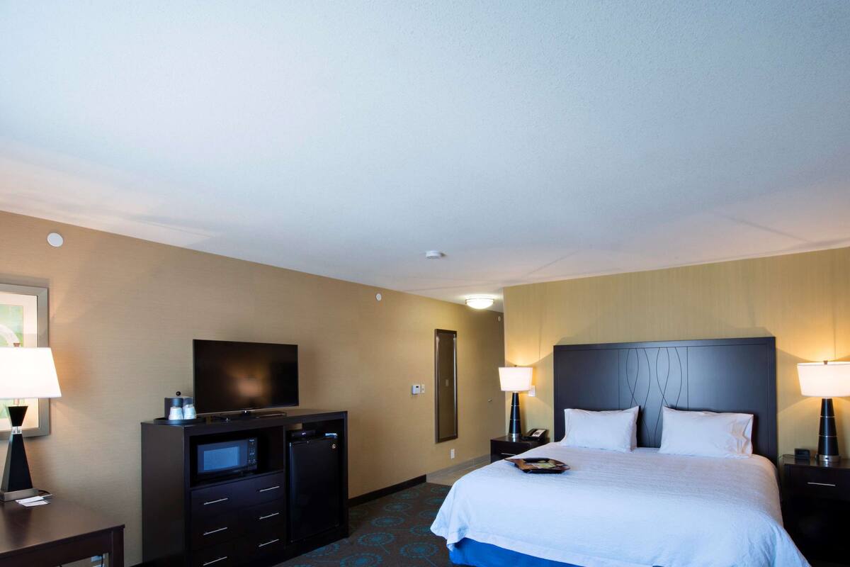 Habitación de hotel con cama, escritorio, televisión, microondas y dos lámparas de noche.