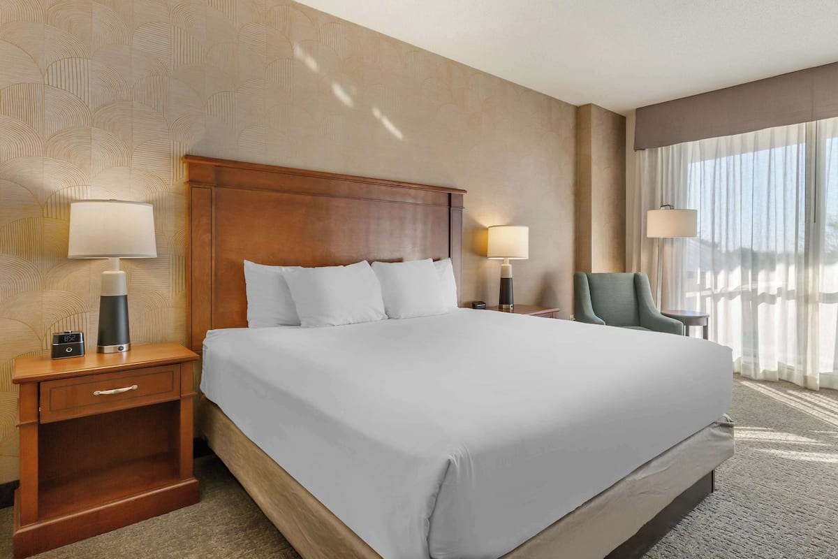 A hotel room with a large bed, two bedside tables with lamps, a chair, and a view of the outdoors through sheer curtains.