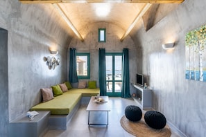 Villa, 2 Bedrooms, Pool View (Maisonette Thalassa) | Living area | Flat-screen TV - Abrazo Villas (Santorini)