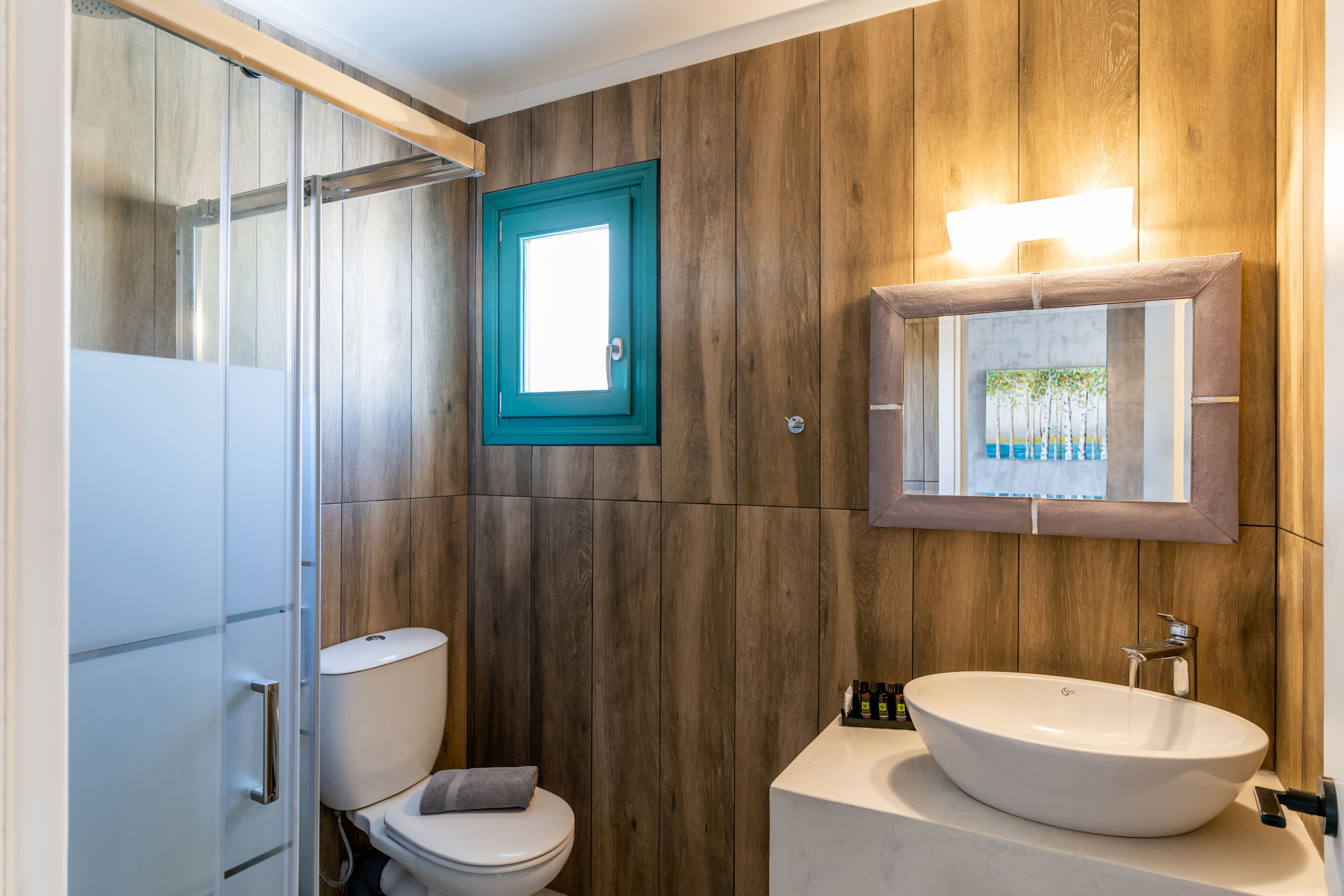 Une salle de bain avec un mur en bois, des toilettes blanches, un lavabo blanc et un miroir avec une lumière au-dessus.