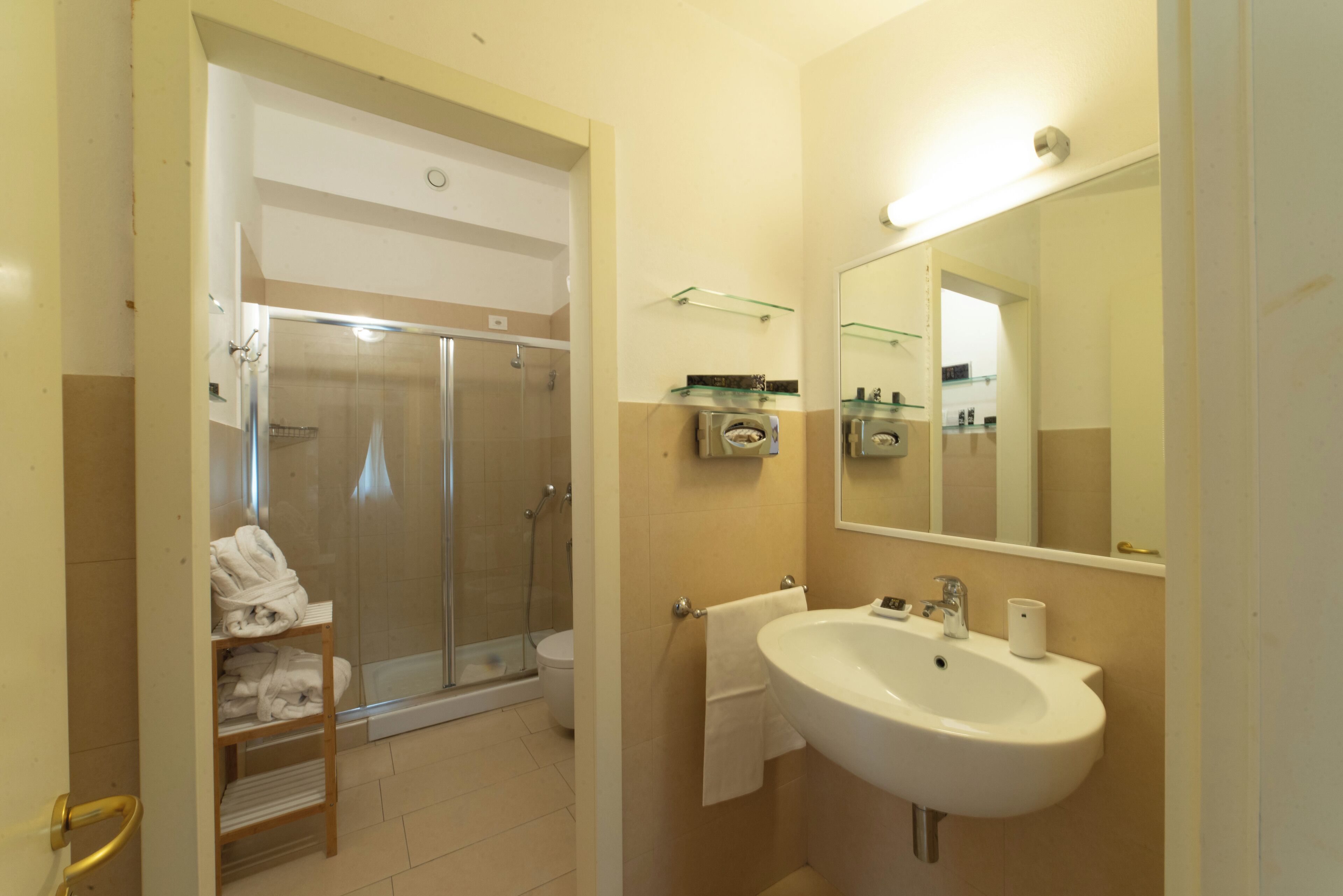 Une salle de bain avec une douche, un lavabo et des étagères en verre.