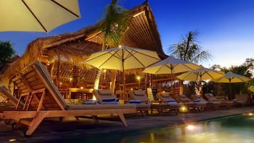 Outdoor pool, pool umbrellas, pool loungers