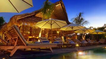 Outdoor pool, pool umbrellas, pool loungers