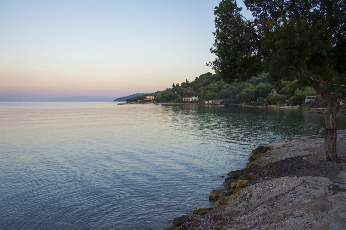 Un lac paisible, bordé d’une rive rocheuse, avec un arbre sur la droite.