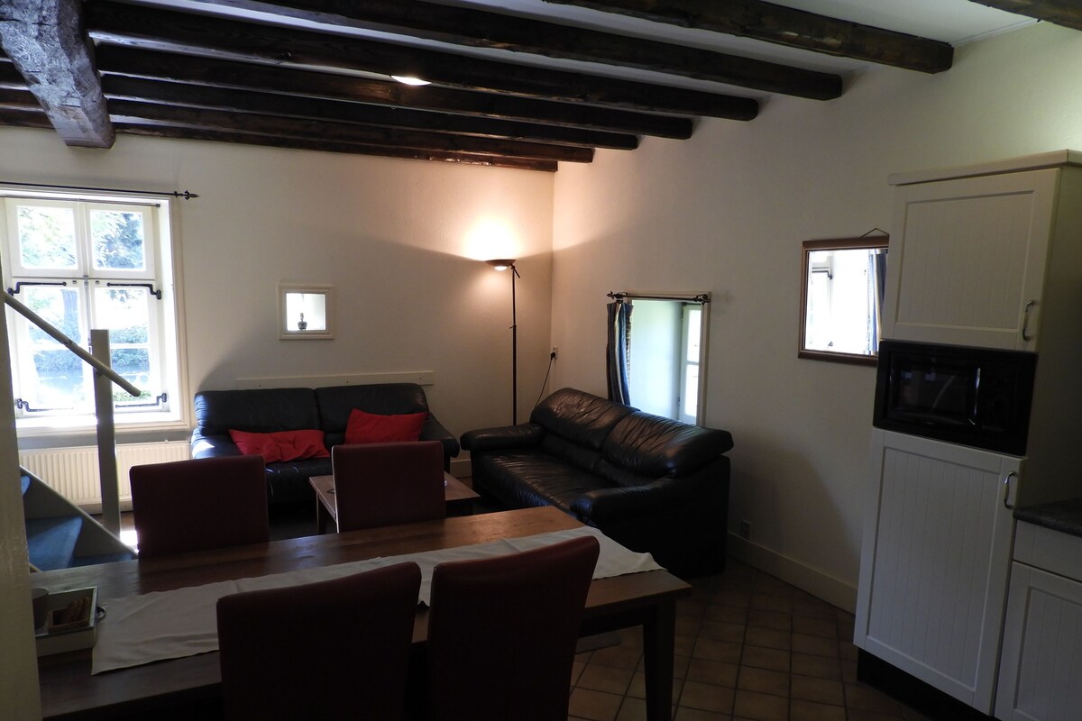 Ein Wohnzimmer mit einem schwarzen Ledersofa, einem Holzesstisch und Stühlen. Es gibt eine Küchenzeile mit weißen Schränken und einer Mikrowelle.
