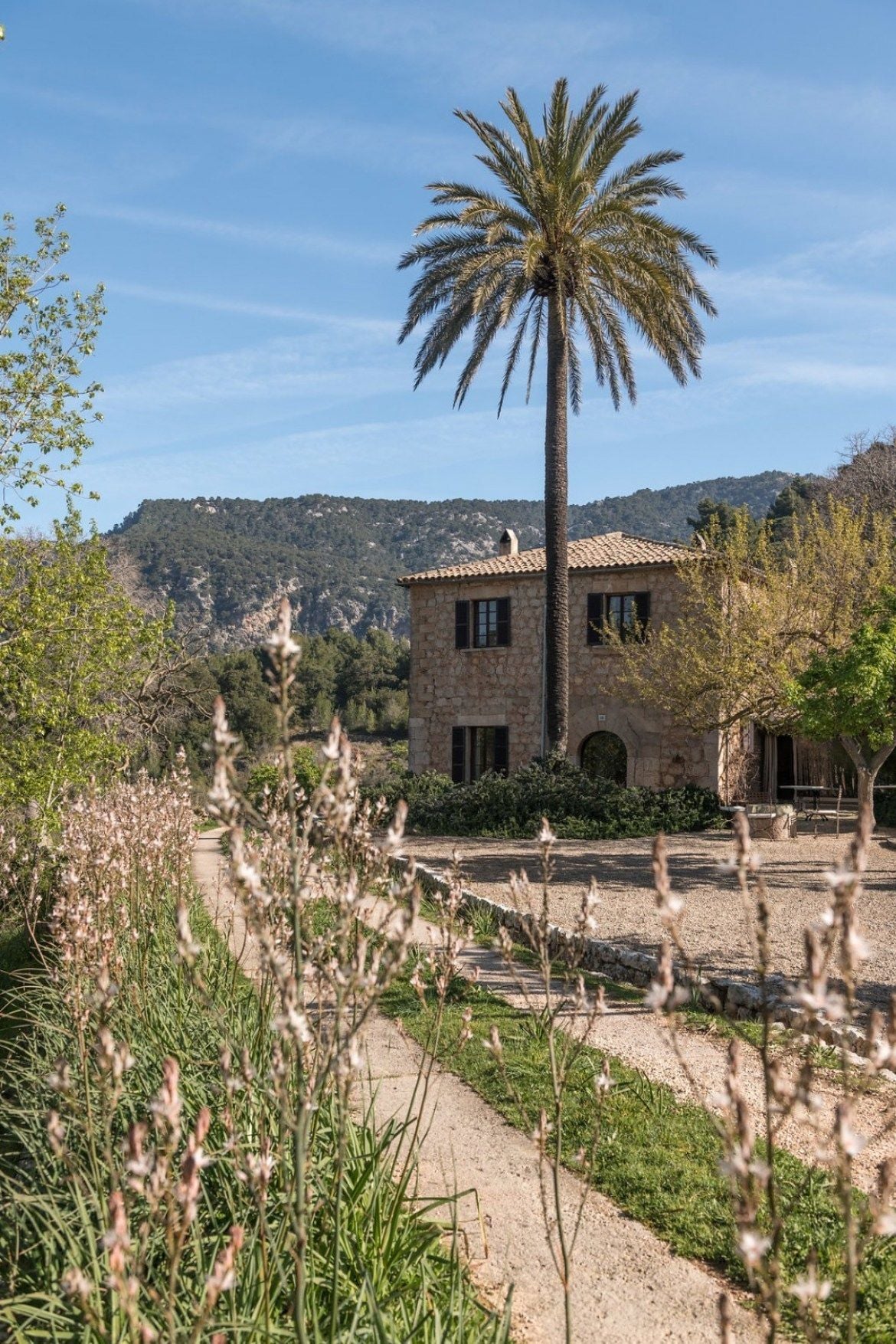 A stone building with a tiled roof, surrounded by greenery and a palm tree.