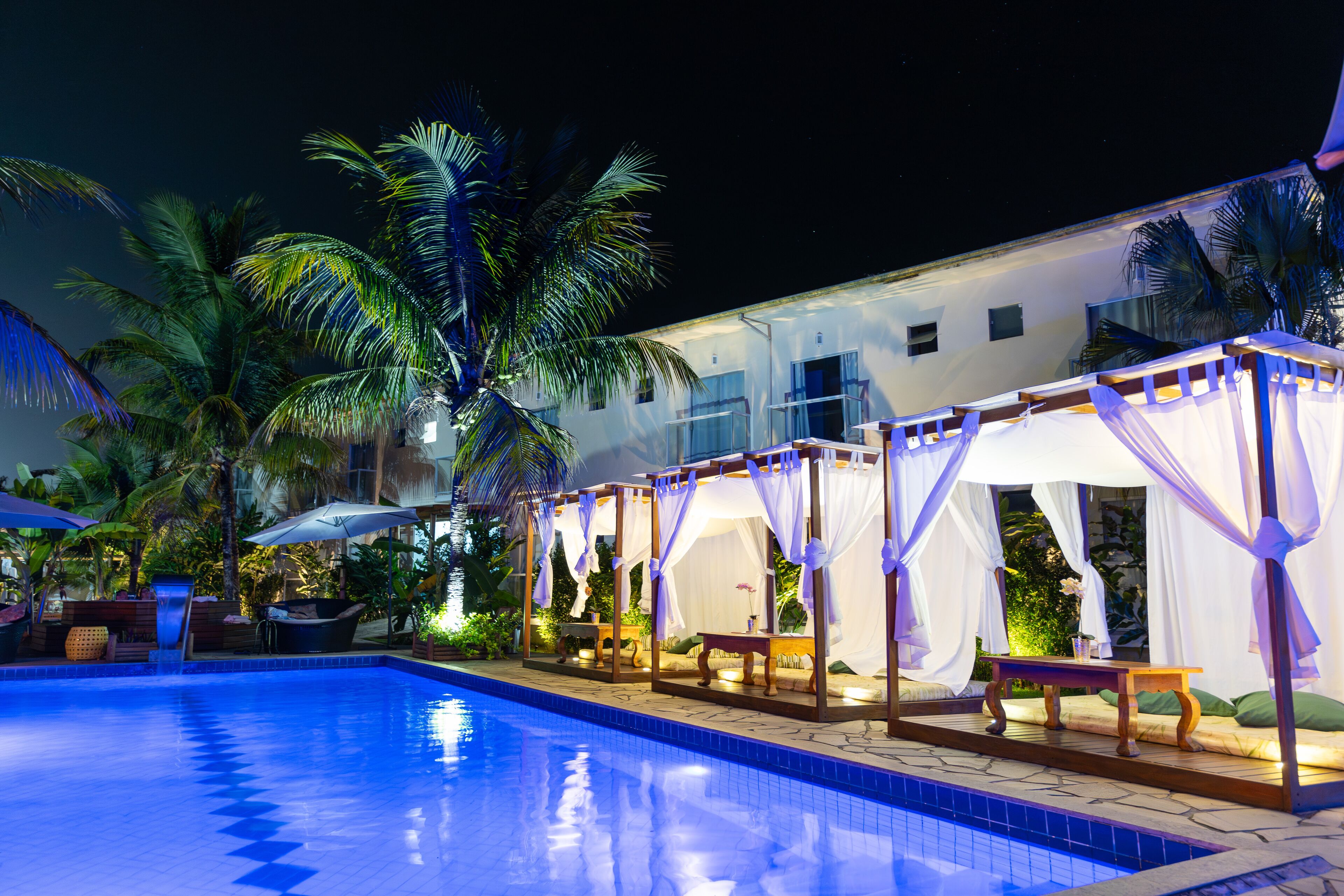 A poolside area with a clear pool, a covered seating area with cushions, and palm trees.