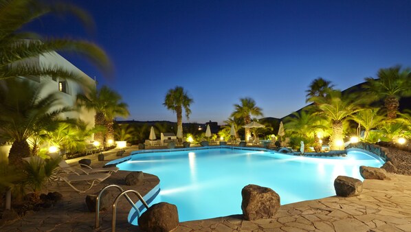 Outdoor pool, pool umbrellas, pool loungers