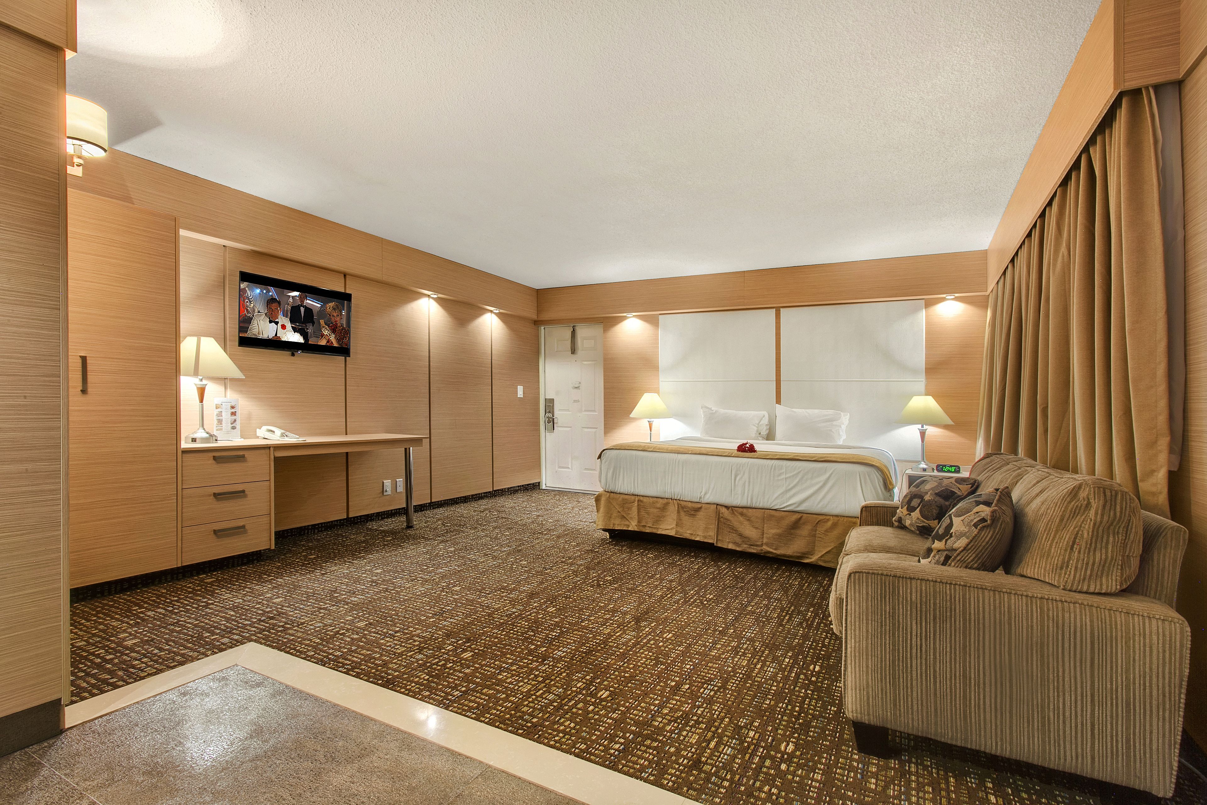 Une chambre d’hôtel comprenant un lit, un canapé, un bureau, une télévision et une salle de bain.