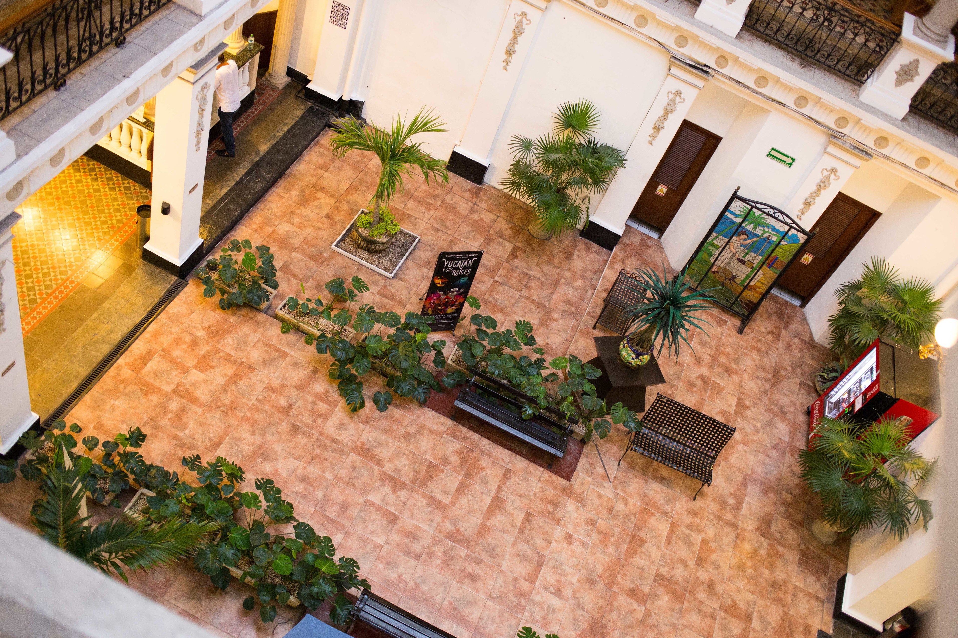 A spacious lobby with a tiled floor, several potted plants, a reception desk, and a bench.
