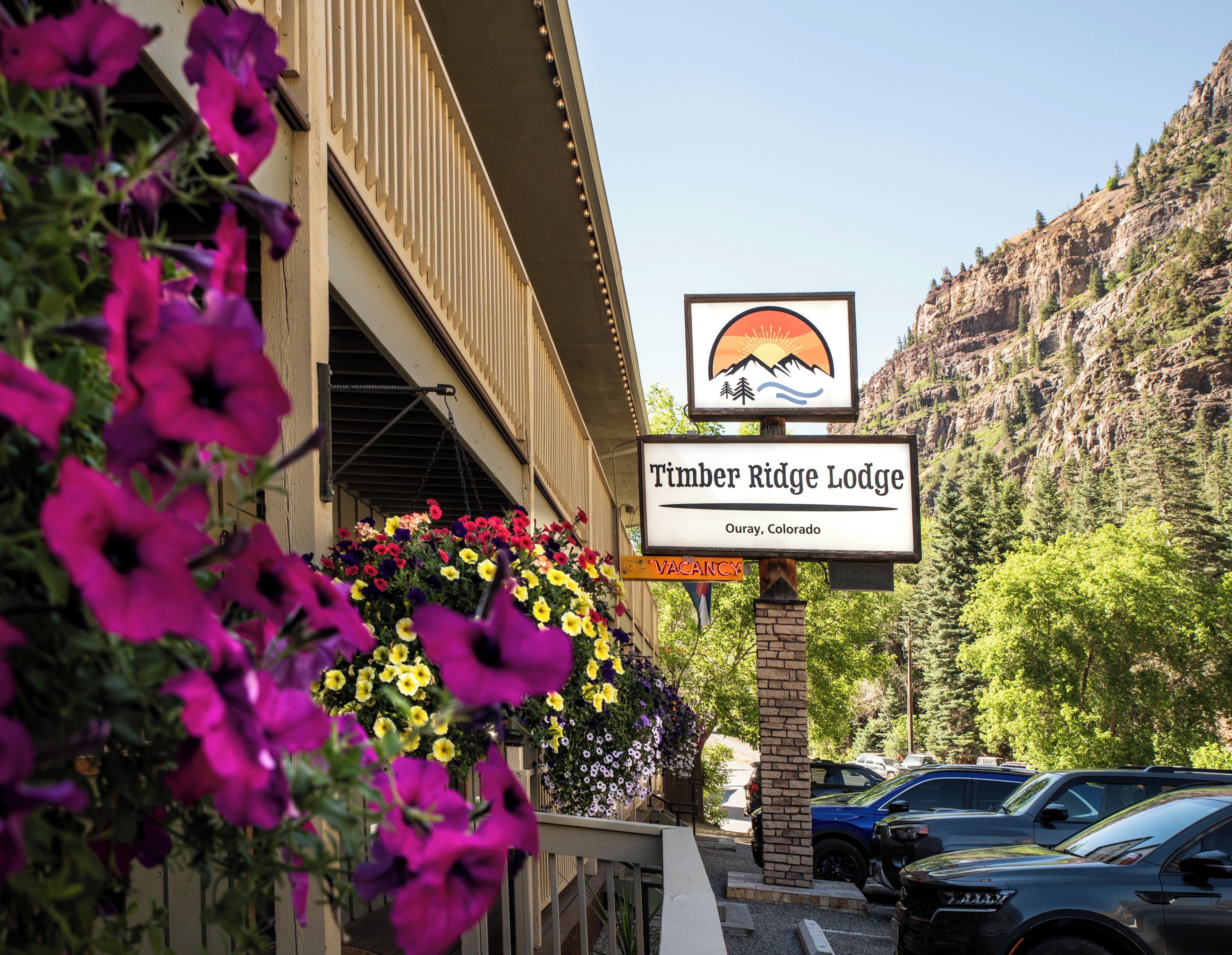 Segnaletica per Timber Ridge Lodge con logo raffigurante una montagna e un tramonto, che indica vista sulle montagne.