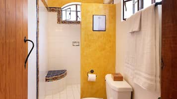 Een badkamer met toilet, douche en wastafel.
