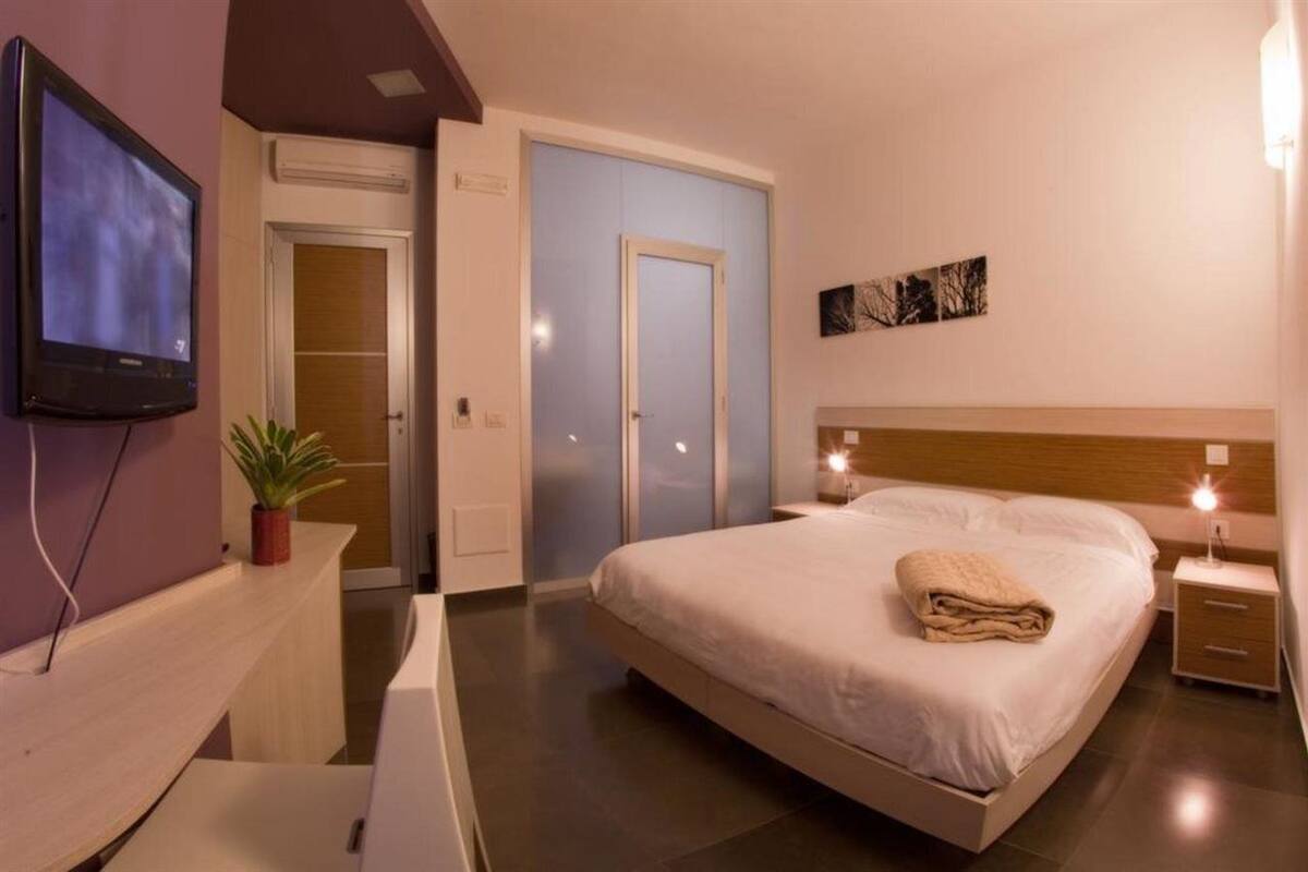 A bedroom with a bed, bedside tables, a TV, a potted plant, and a door.