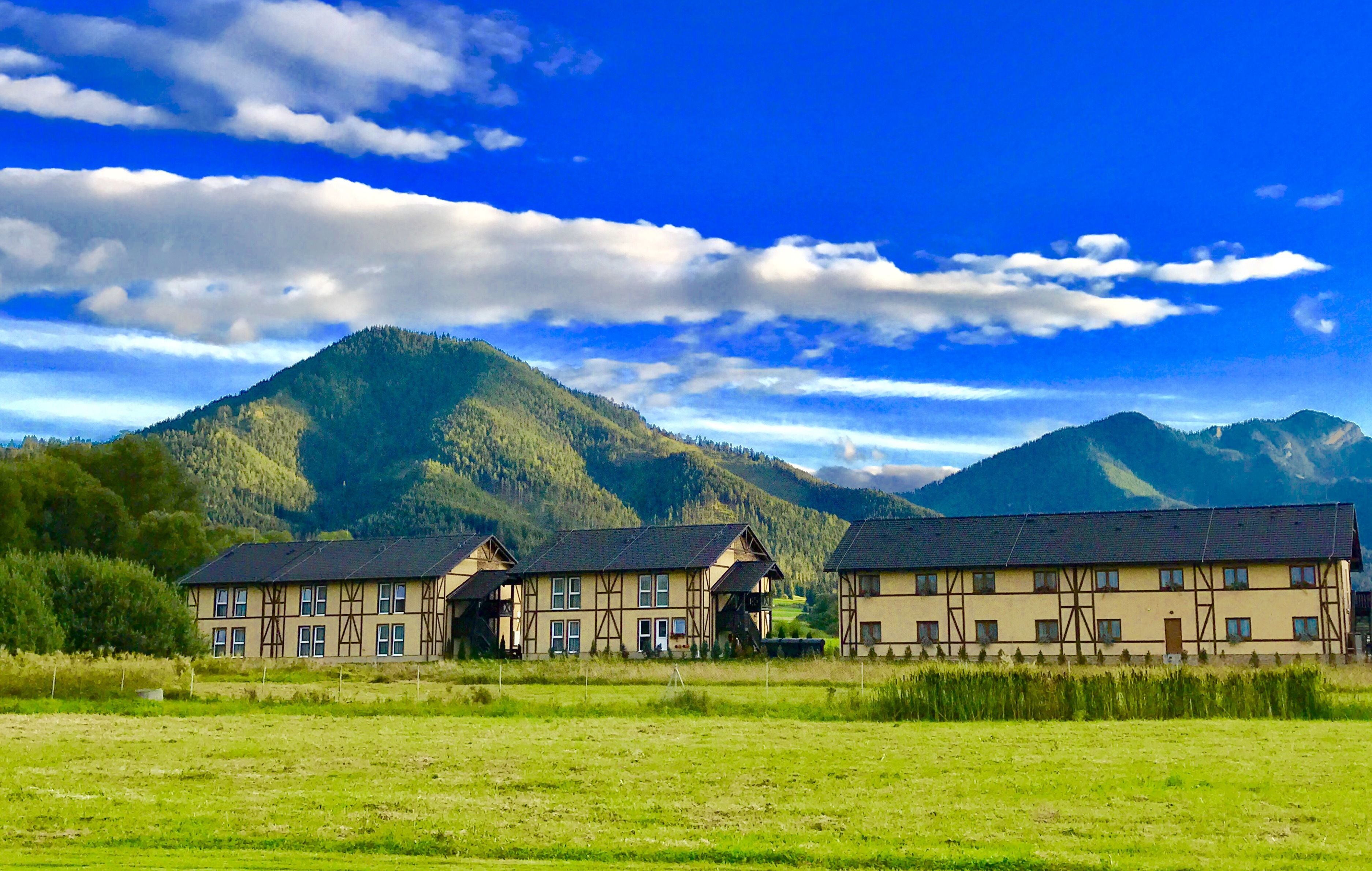 A row of traditional half-timbered buildings with a mountain backdrop.
