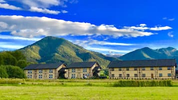 A row of traditional half-timbered buildings with a mountain backdrop.