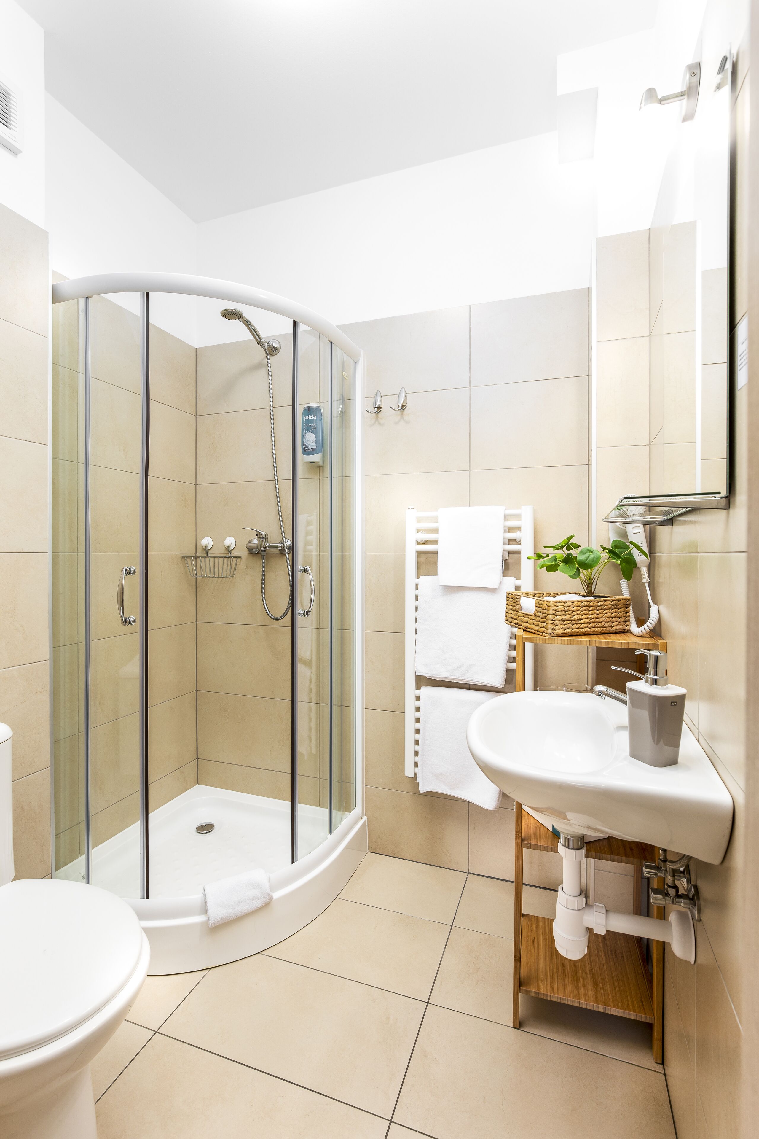 Shower, free toiletries, hair dryer, towels