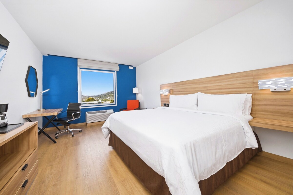 A modern hotel room with a wooden bed, a desk with a chair, a large window, and a view of the landscape.