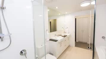 Shower, free toiletries, hair dryer, towels
