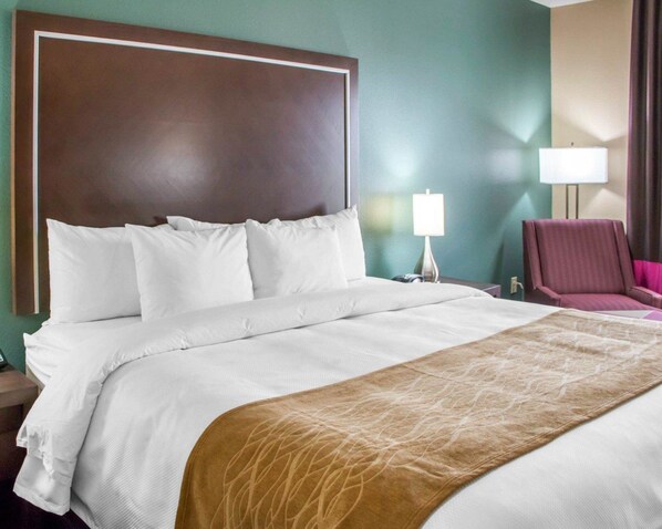 A hotel room with a large bed, a nightstand with a lamp, and a chair.