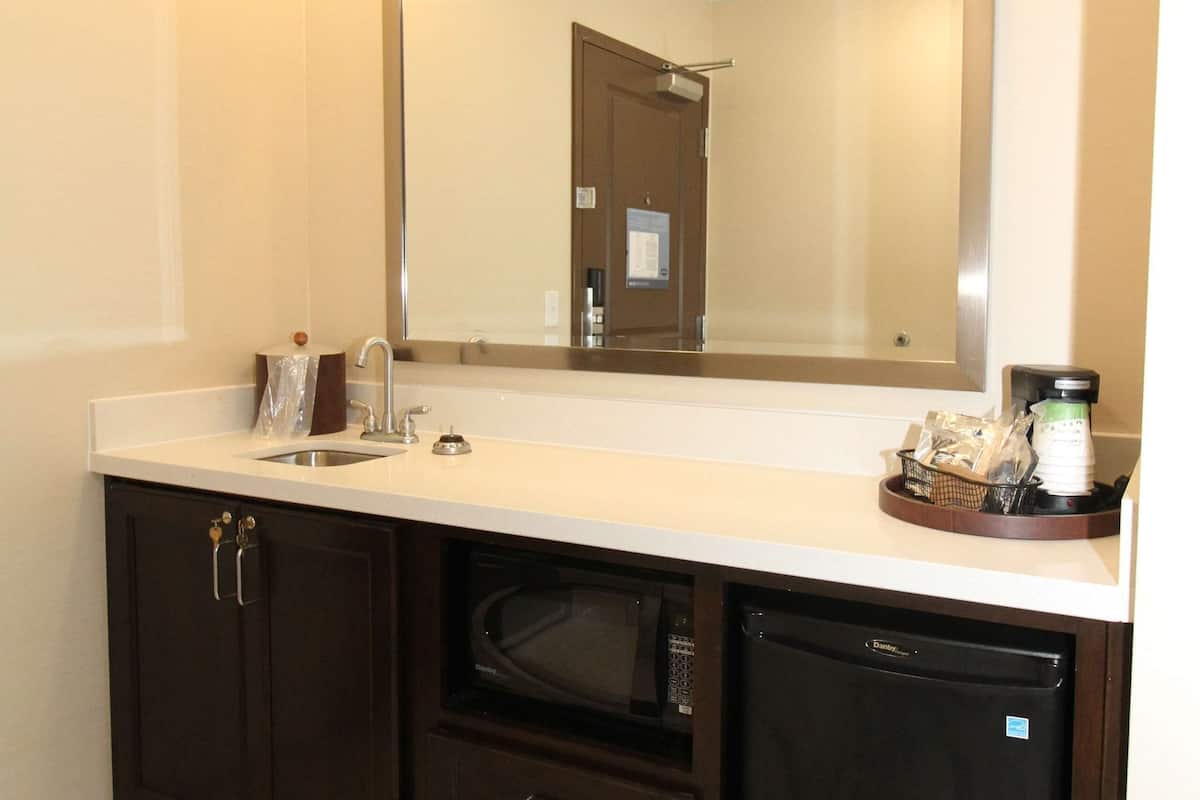 studio, 2 queen beds, refrigerator & microwave | private kitchen | fridge, microwave