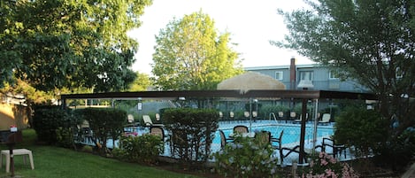 A swimming pool area with a covered seating area, surrounded by greenery and a brick pathway.