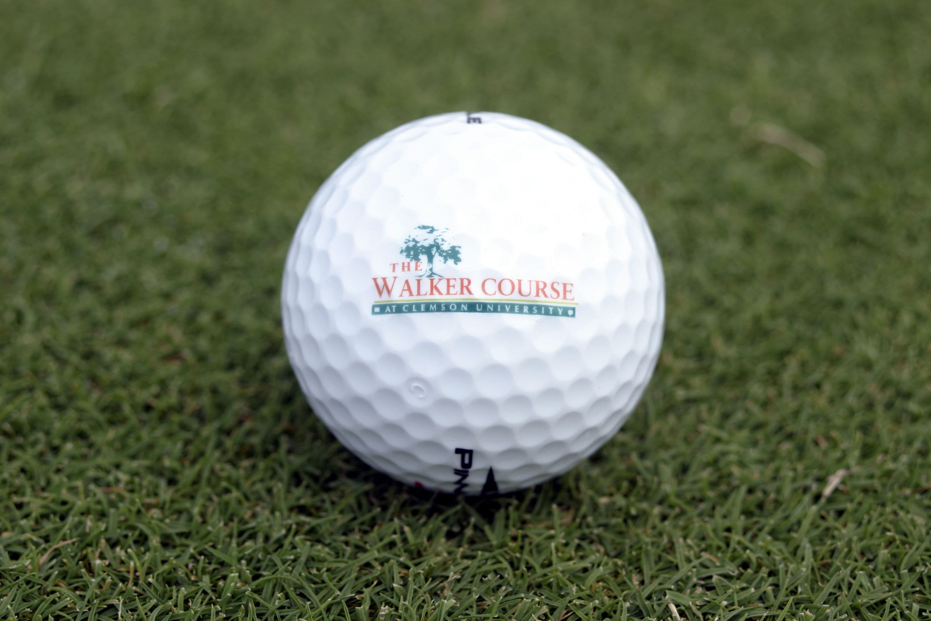 A golf ball with "The Walker Course" text and a logo on it.