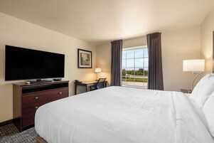 Una habitación de hotel con una cama, un escritorio con una silla, un televisor, una lámpara y una ventana con cortinas.