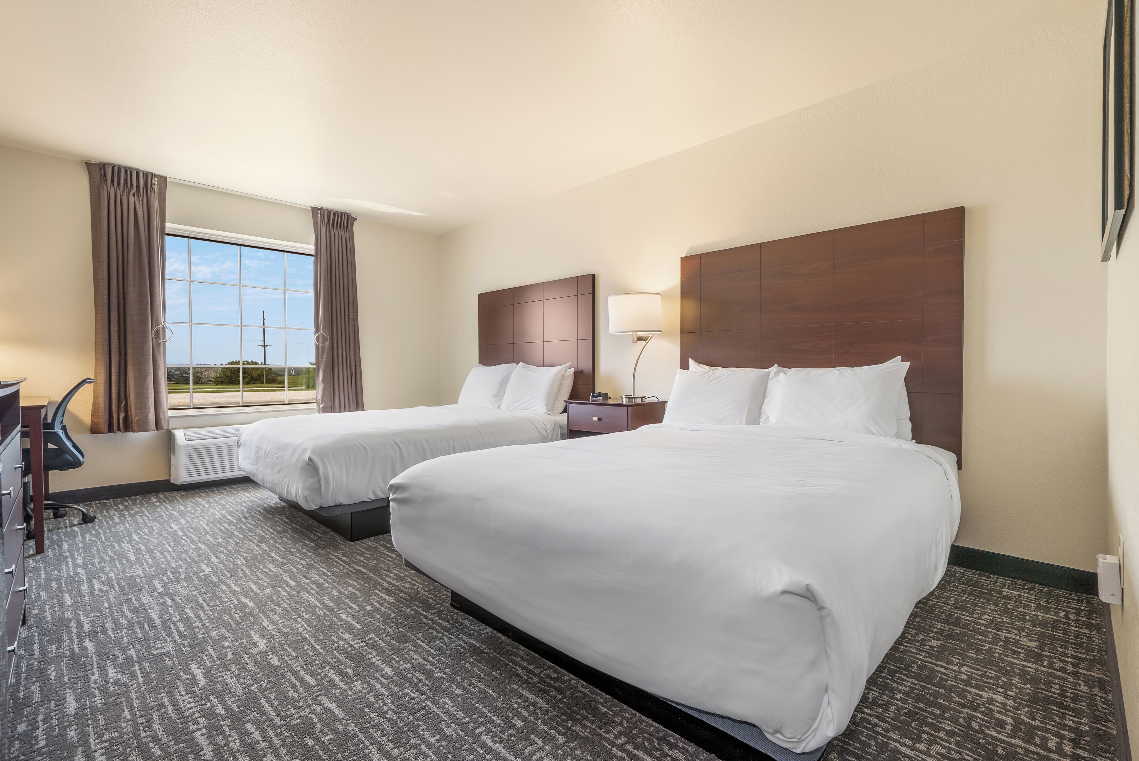 A hotel room with two beds, a desk, a chair, a lamp, and a view of the outdoors.