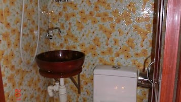 Shower, hair dryer, slippers, towels