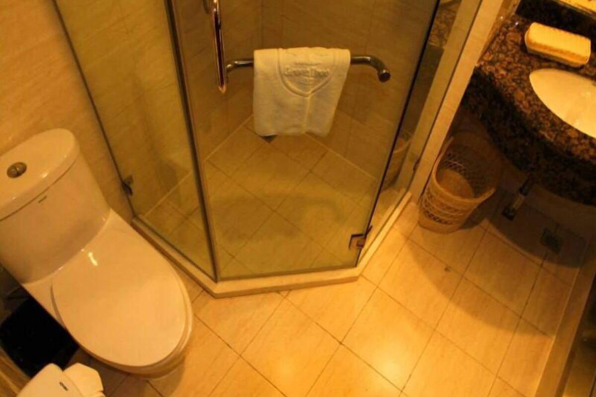A bathroom with a glass shower enclosure, a toilet, and a sink with a granite countertop.