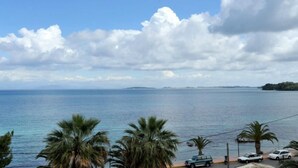A coastal view with palm trees, a clear sky, and a calm sea. - Kantaros Apartments (Corfu)
