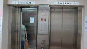 An elevator with two buttons, each displaying a date range. A clock is mounted above the elevator. - Hao's Inn (Kowloon)