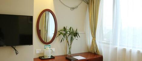 A hotel room with a flat-screen TV, a desk with a mirror, a plant, a window with sheer curtains, and an air conditioning unit.