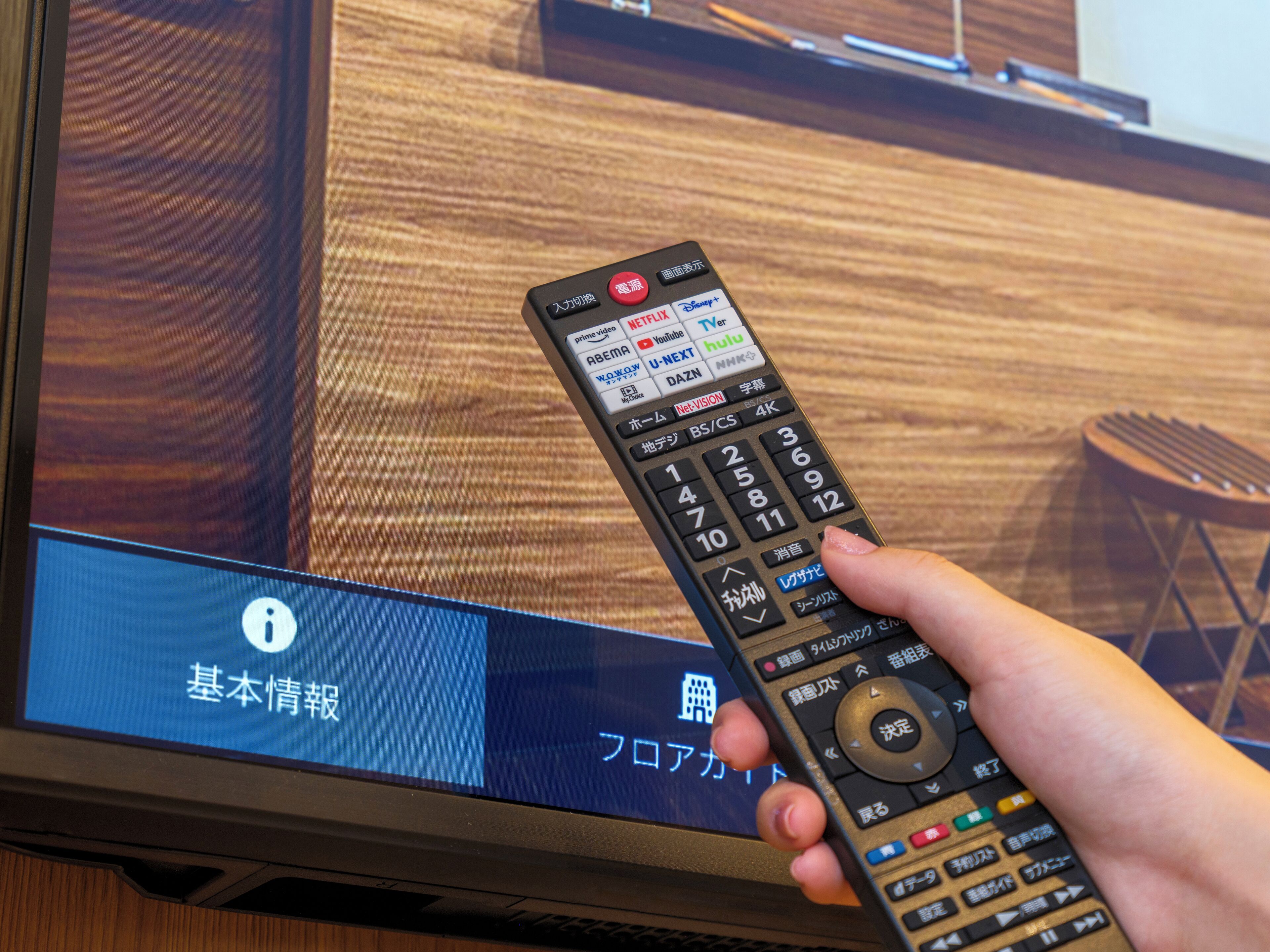 Una mano sosteniendo un control remoto frente a un televisor que muestra un menú con texto japonés.