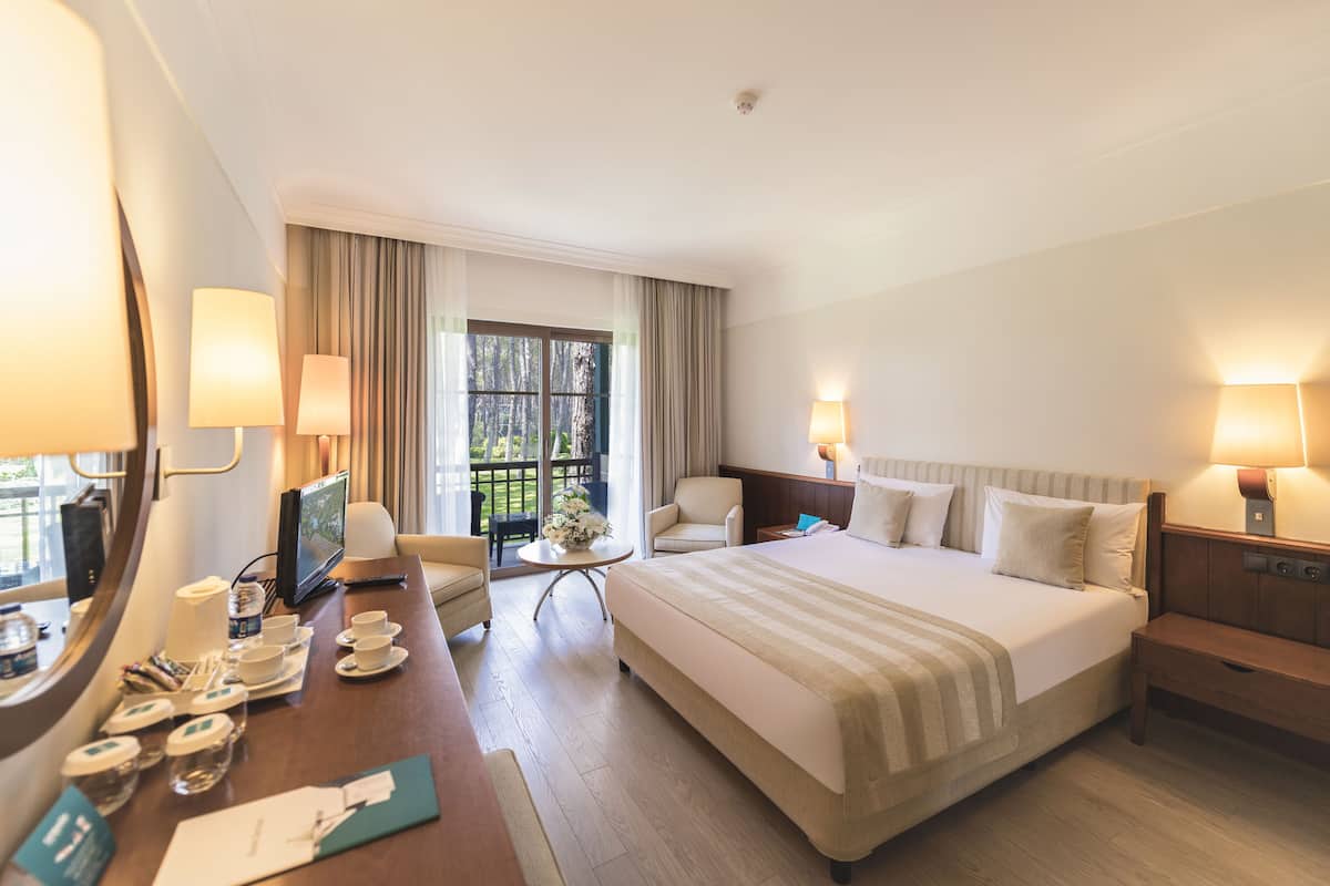 Habitación de hotel con una cama grande, un escritorio con computadora, una silla y una ventana con cortinas.